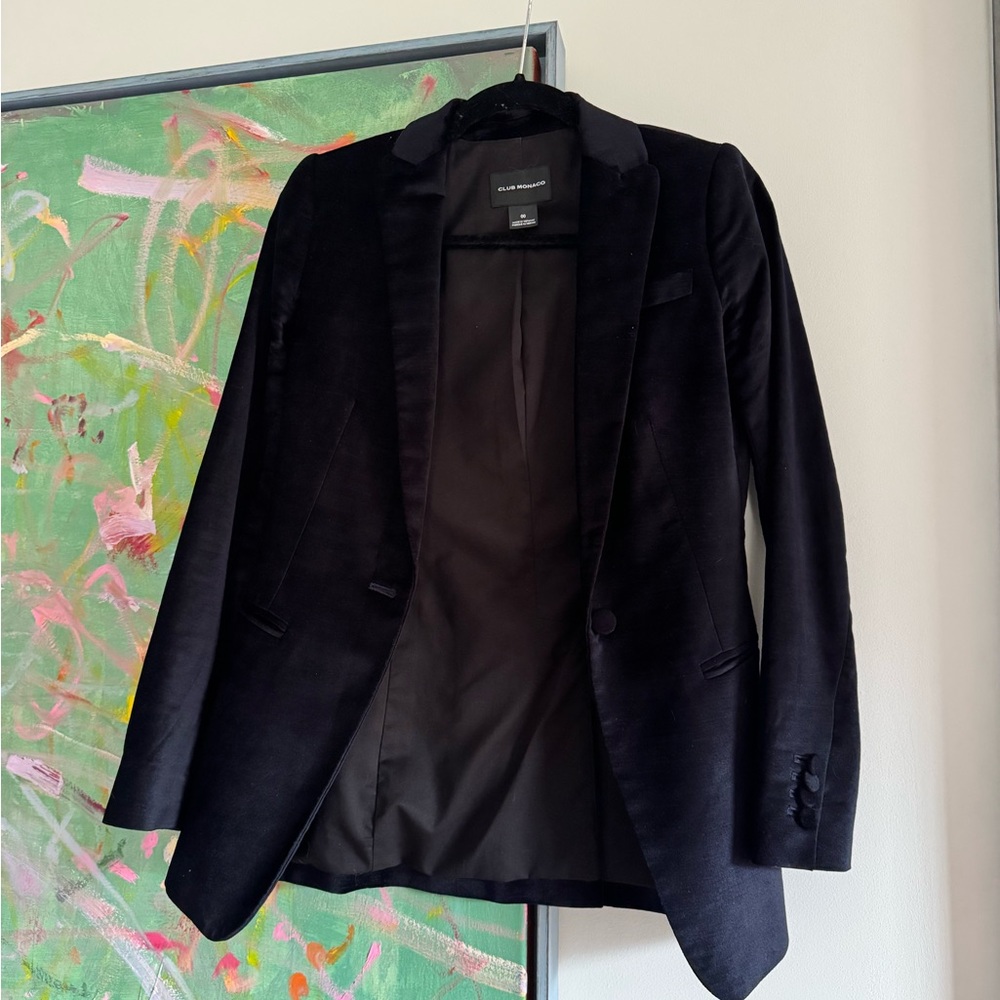 Club Monaco Navy Velvet Single-Button Blazer
